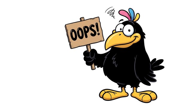 Funny black crow cartoon holding Oops sign, humorous bird character for error pages, comic raven illustration on white background