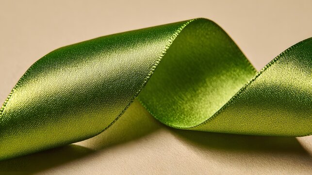 Close up photo of a green ribbon with plain color background
