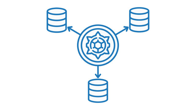 Data Distribution: A central hub connects to three decentralized database icons, illustrating a concept of data distribution or management.
