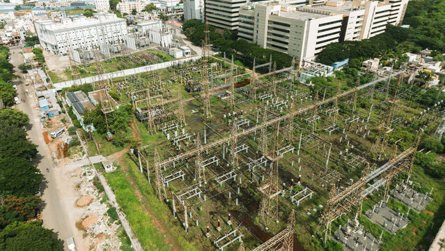 Electrical power substation switchyard with transformers seen from above