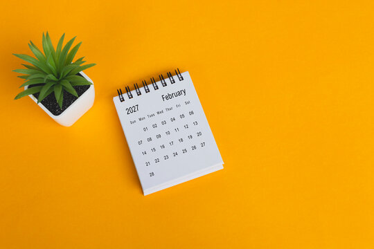 The February 2027 desk calendar with potted plant on yellow background.