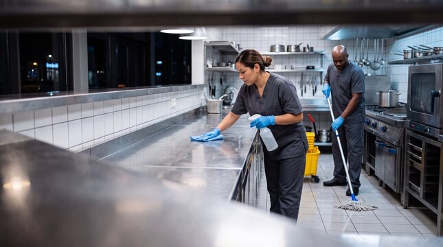 Cleaning Team Sanitizing Professional Restaurant Kitchen