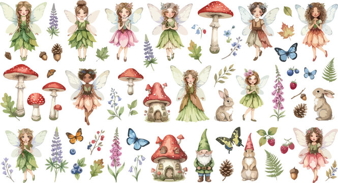 A collection of cute watercolor illustrations featuring little fairies rainbows mushrooms and birds isolated on a white background for nursery decor