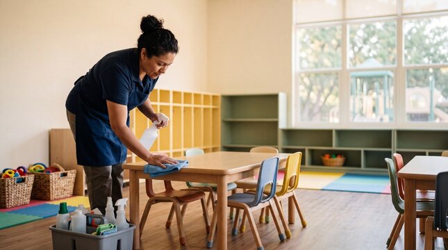 Cleaner Sanitizing Tables in Bright Preschool Classroom