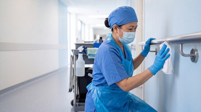 Hospital Cleaner Disinfecting Corridor Handrail