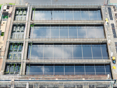 Aerial Wastewater Treatment Plant Reflecting Sky
