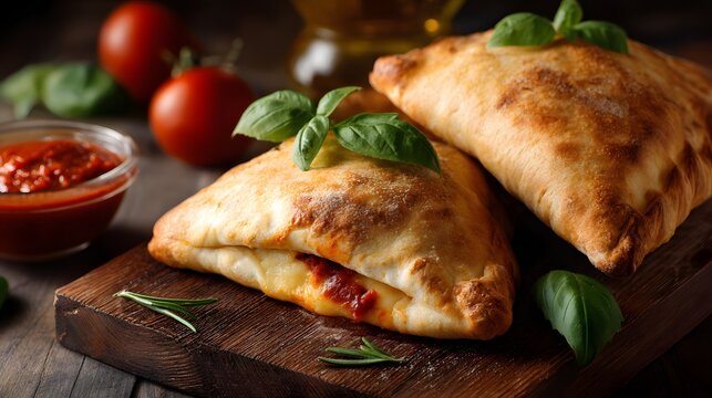 Delicious homemade calzones presenting tomato sauce