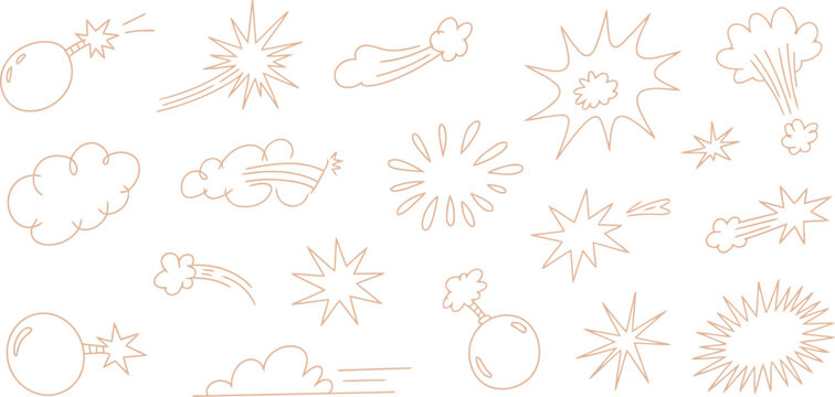 Light brown outline cartoon explosion and bomb icons isolated on a plain white background.