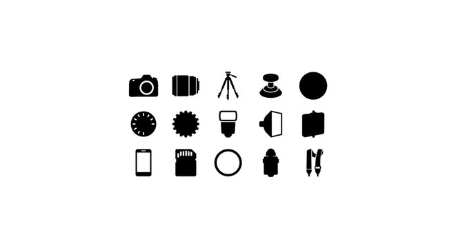 Photography Icons Set, Camera Gear Vector Graphics, Digital Imaging Symbols, Professional Equipment Collection