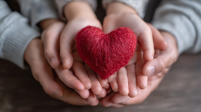 Family hands holding red heart health care hope life