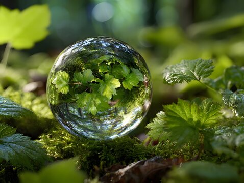 Environmental. Earth crystal glass globe and green leaves