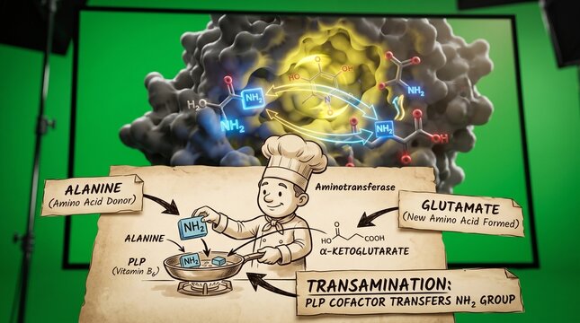 Enzyme transamination process showing amino group transfer with chemical reaction diagram.