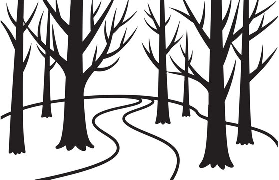 Forest path shihouette vector with trees and winding road for nature walks and exploration.