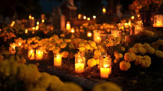 Lots of lit candles and yellow marigold flowers at the cemetery