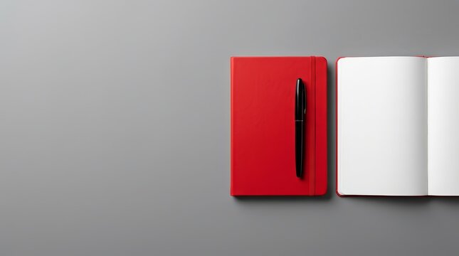 Minimalist stationery setup featuring a red notebook and open blank journal.