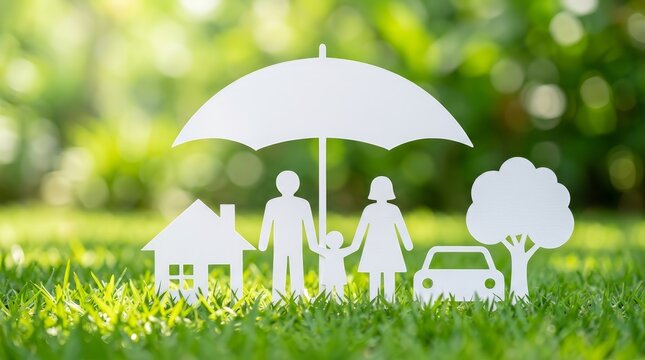 Concept of life insurance and security featuring paper cutouts of a family and assets under a white umbrella.