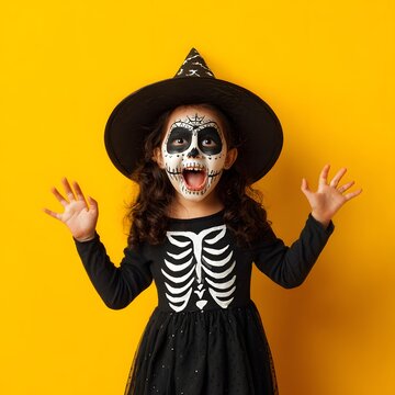 Portrait of a funny child in a Halloween disguise dancing in a skeleton costume and witch hat with skull makeup, isolated on a yellow background