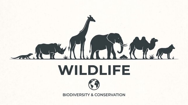 Wildlife biodiversity and conservation banner, animal silhouettes on white background, elephant giraffe and rhino icons