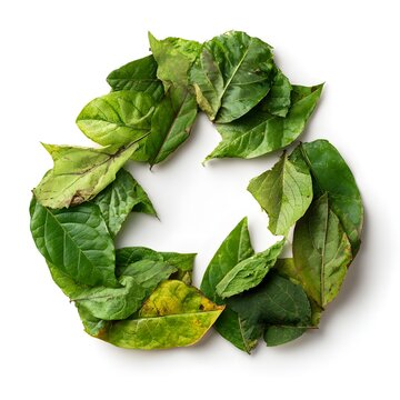 Recycle green sign formed by real leaves natures element on white background