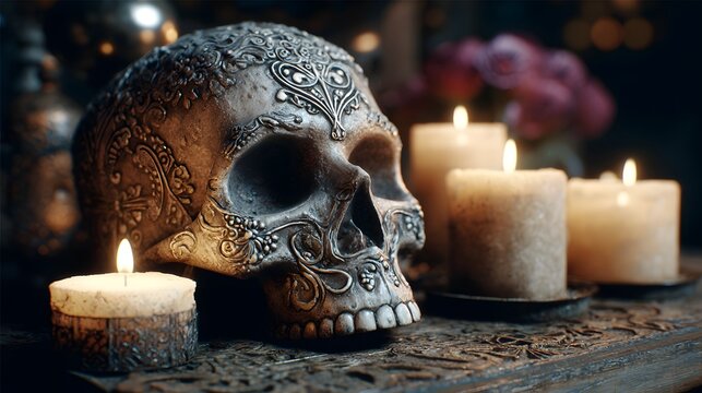 skull and candles day of the dead side view