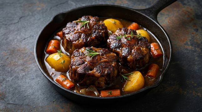 Hearty rustic beef oxtail stew with potatoes and carrots cooked in a cast iron pan.