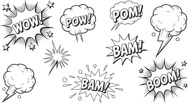 Set of comic book style speech bubbles featuring various sound effects and explosive action shapes.
