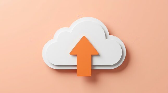 Modern concept of cloud computing and online backup featuring a white paper cloud and orange arrow.