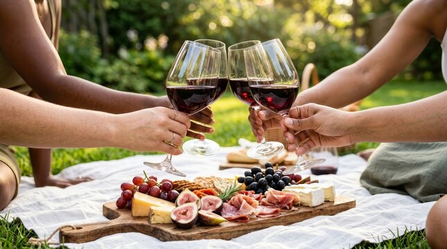 Happy people enjoying a charcuterie board with wine during a sunny garden gathering.