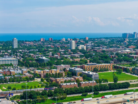 Aerial shot of apartments and office buildings in the skyline in Chicago Illinois USA