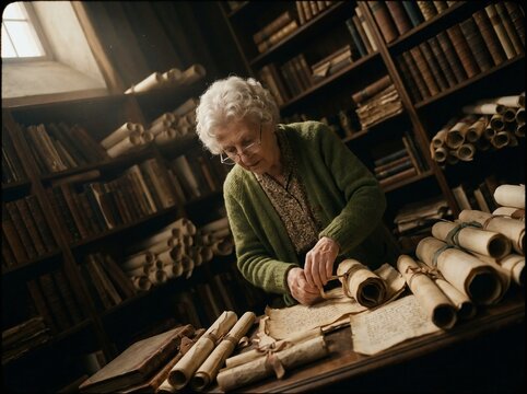 Elderly Female Archivist Examining Ancient Parchment Scrolls in Vintage Library