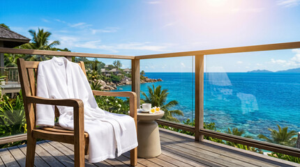 Obraz premium White robe draped over wooden chair on balcony overlooking turquoise ocean and palm trees. Luxury resort, vacation, relaxation.