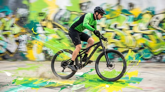 Dynamic mountain biker riding fast past graffiti wall. Professional cyclist on mountain bike with motion blur. Urban cycling and extreme sports.