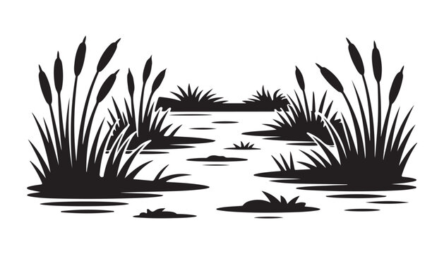Swamp landscape silhouette with cattails reeds and marsh grass black graphic for nature design.