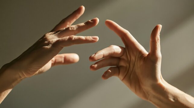 Two human hands reach towards each other with gentle fingers to express deep compassion and unity as the soft light highlights the skin texture while they interact in a quiet emotional moment