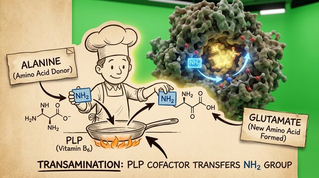 Biochemical transamination process showing enzyme transferring amino group to glutamate