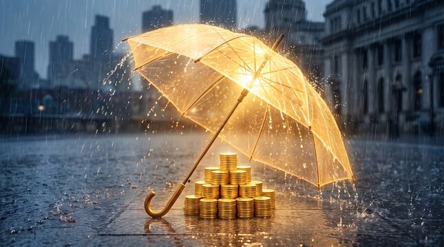 Glowing golden umbrella protecting stack of gold coins in rain, financial insurance concept, wealth protection in city storm