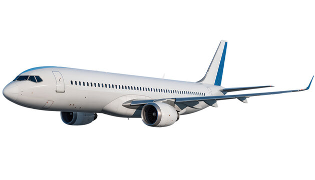 A realistic modern passenger airplane in full side profile, entire aircraft clearly visible from nose to tail, wings and engines shown in balanced proportion, clean white fuselage with subtle blue 