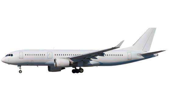 A realistic modern passenger airplane in full side profile, entire aircraft clearly visible from nose to tail, wings and engines shown in balanced proportion, clean white fuselage with subtle blue 