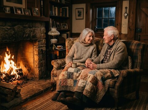 Cozy Senior Couple Sitting by Fireplace in Rustic Cabin