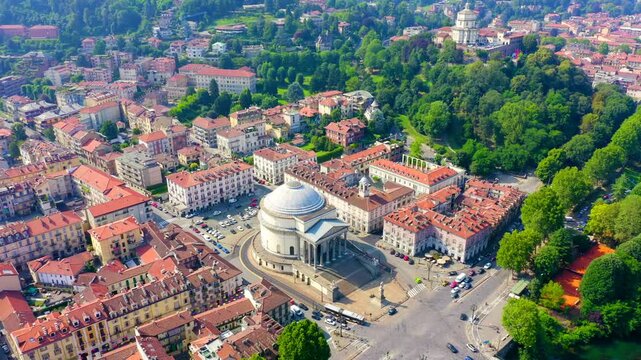 Turin, Italy. Flight over the city. Catholic Parish Church Gran Madre Di Dio. Drone footage, Point of interest