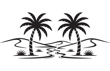 Fototapeta premium Black palm tree silhouette scene with distant hills and river creates peaceful tropical setting.