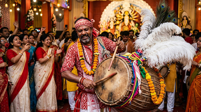 Man playing traditional drum at durga puja set isolated on a transparent background