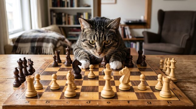 Intelligent tabby cat playing chess, domestic feline focused on wooden chessboard, cozy home interior with pet strategist