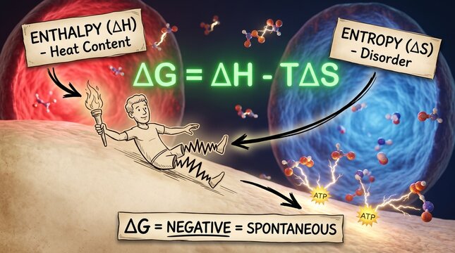 Gibbs Free Energy Equation Illustration with Person Sliding Down Energy Hill Concept