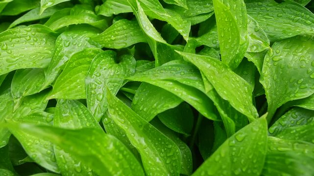 Rain droplets cover dense green hosta leaves in a fresh garden close up. Concept of natural texture for eco branding, wellness ads, websites, blogs, banners and packaging.