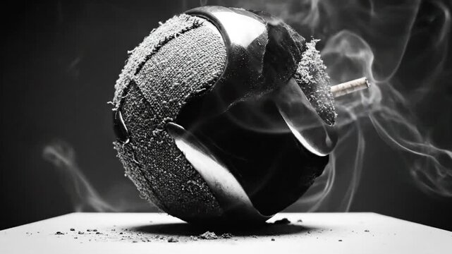 Black and white artwork of a burning object with smoke, cigarette, and textured design