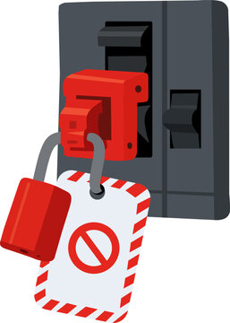 Industrial Electrical Safety Lockout Tagout Device Attached to a Circuit Breaker Switch for Workplace Protection and Maintenance Procedures