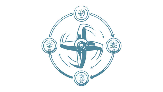 Innovation Cycle: A stylized illustration depicts a central spinning propeller surrounded by four icons representing key stages of innovation: idea generation, development, implementation, and growth.