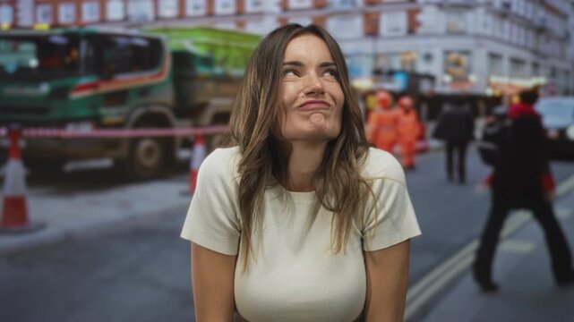 Young hispanic woman presses fists to cheeks on street lined with traffic cones and construction vehicles; happiness.