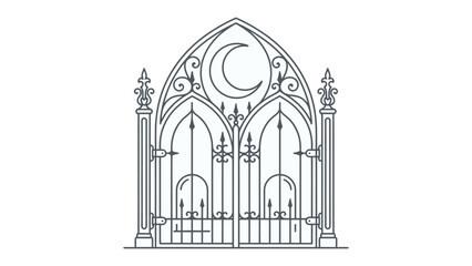 Fototapeta premium Gothic Arch Gate with Crescent Moon: A stylized illustration depicts a grand, ornate gothic arch gate featuring decorative ironwork and a prominent crescent moon emblem.